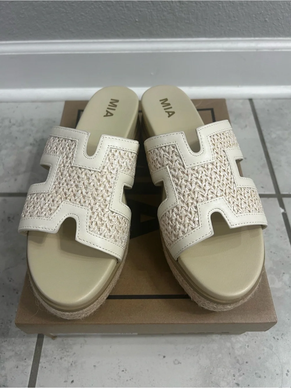 MIA Cream Woven Raffia Espadrille H Band Platform Slide